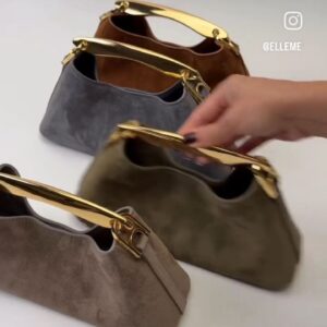 Suede Finish Mini Handbag with Gold Top Handle