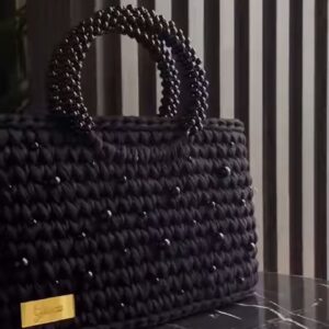 Handwoven Black Beaded Tote Bag with Top Handles