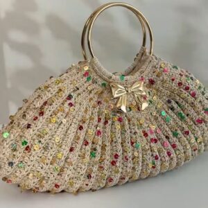 Handwoven Embellished Clutch with Gold Bow Accent