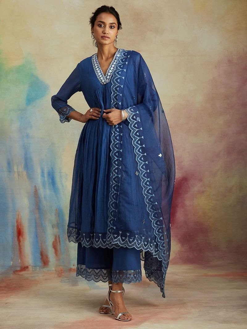 Blue Embroidered Chanderi Gathered Kurta with Cotton Pants - Image 5