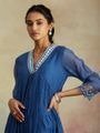 Blue Embroidered Chanderi Gathered Kurta with Cotton Pants - Image 3