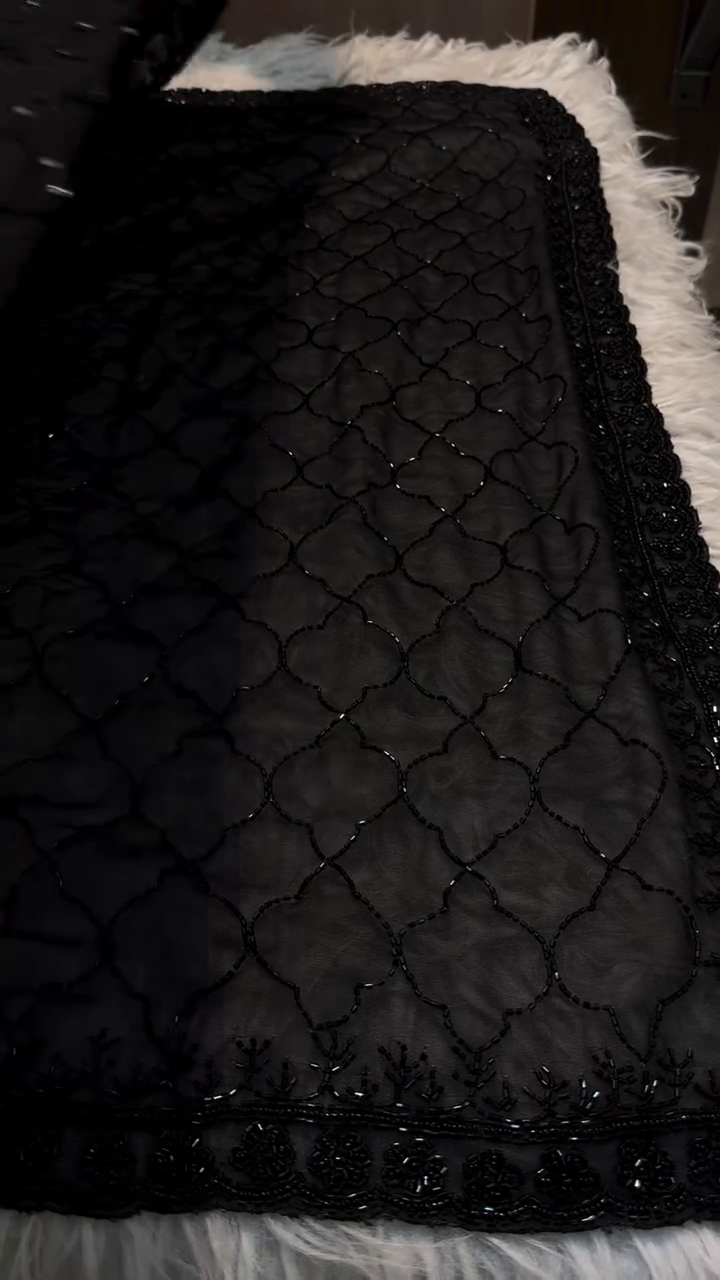 Black Hand Embroidered Beaded Net Fabric - Image 2