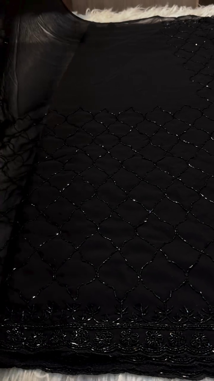 Black Hand Embroidered Beaded Net Fabric - Image 3