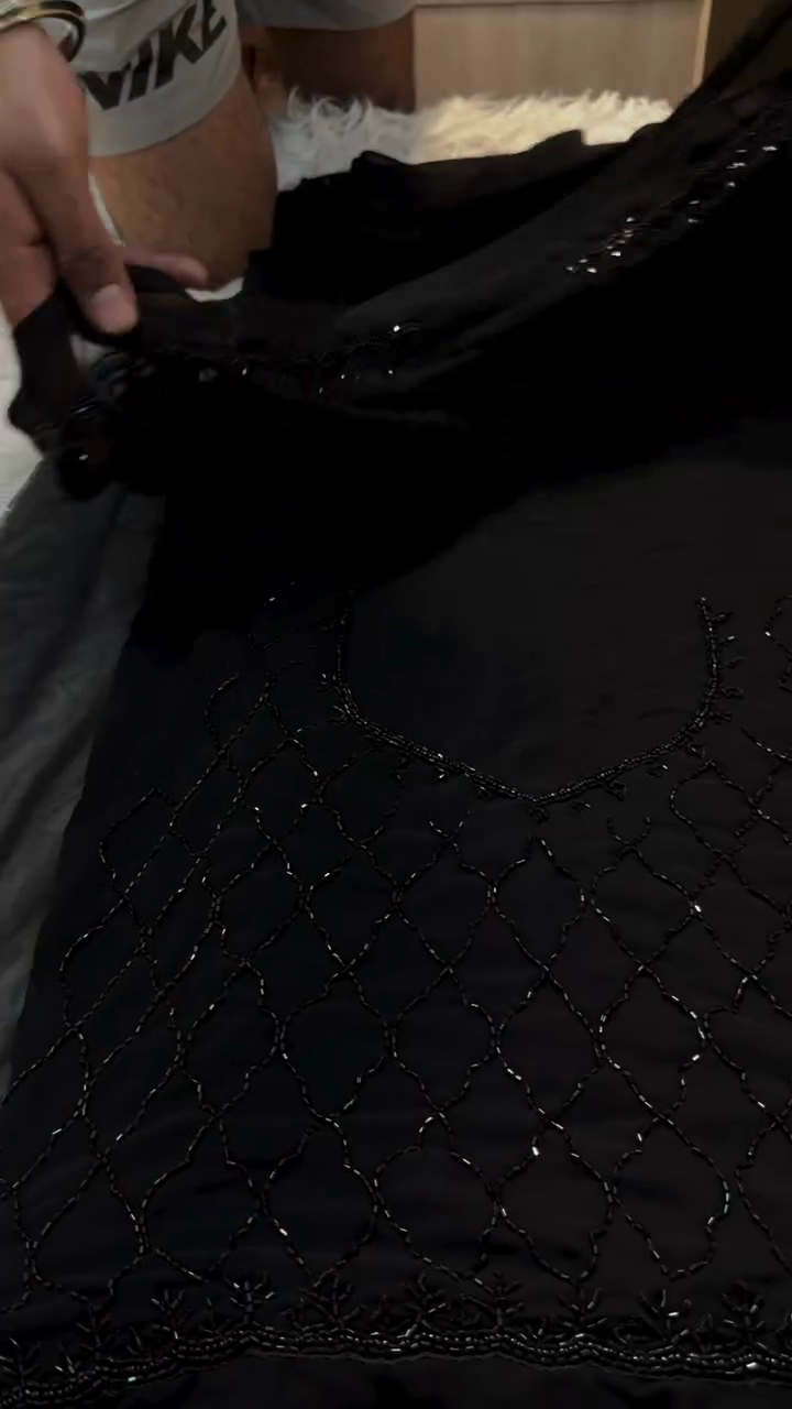 Black Hand Embroidered Beaded Net Fabric - Image 4