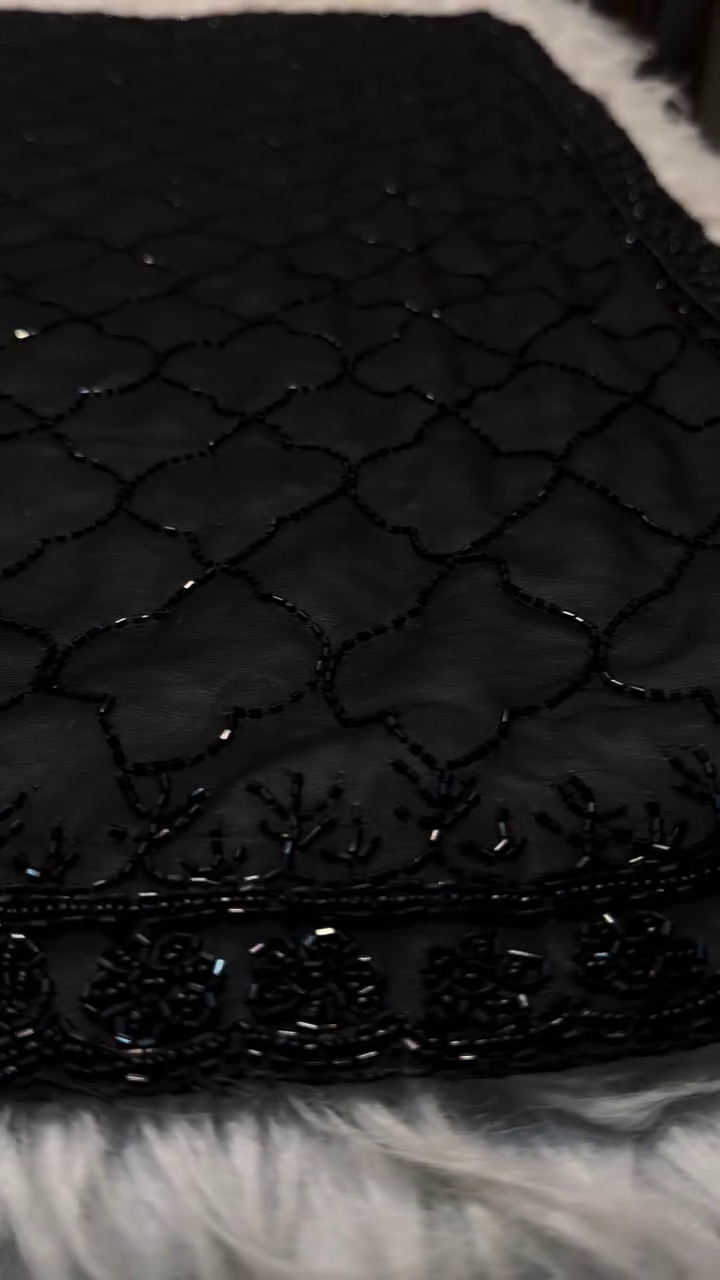 Black Hand Embroidered Beaded Net Fabric - Image 5