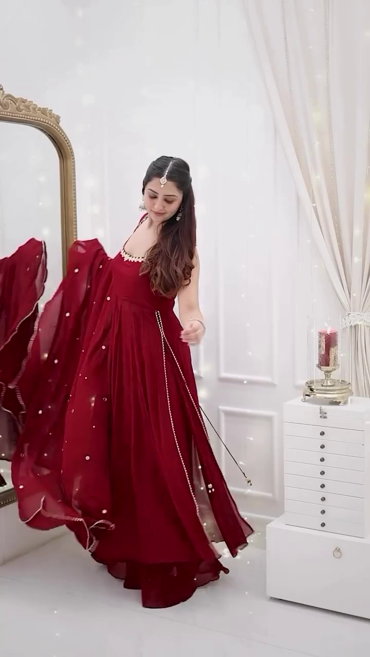 Maroon Mirror Work Flared Anarkali Gown Set with Dupatta - Image 4