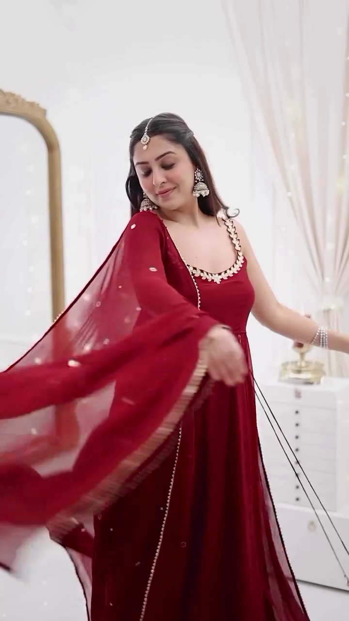 Maroon Mirror Work Flared Anarkali Gown Set with Dupatta - Image 5
