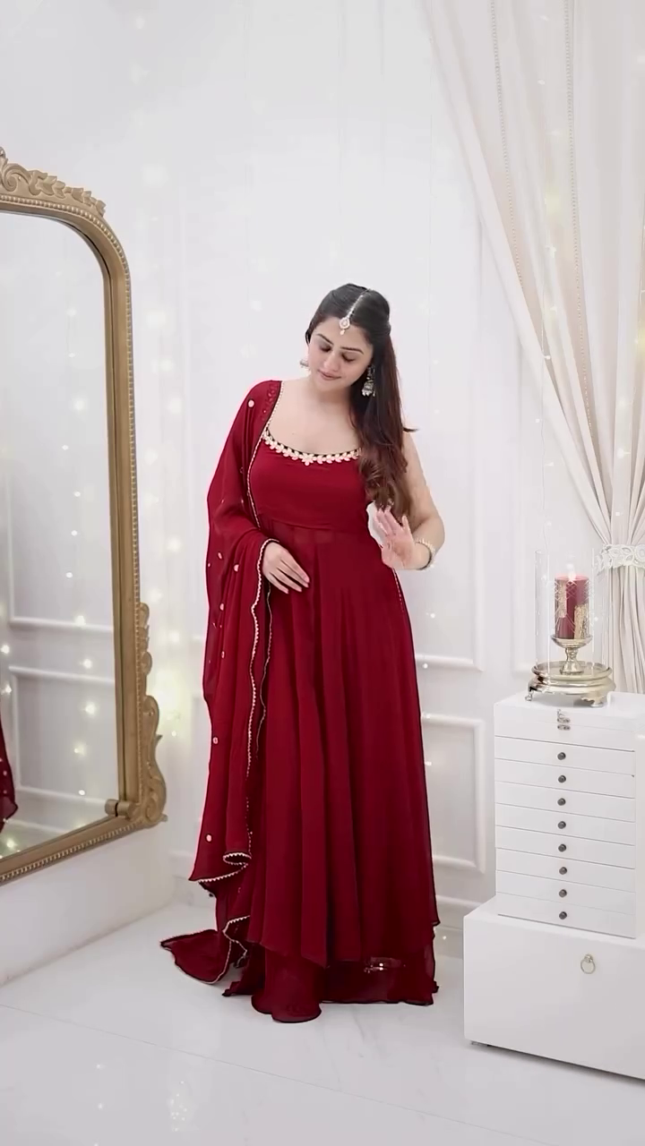 Maroon Mirror Work Flared Anarkali Gown Set with Dupatta - Image 6