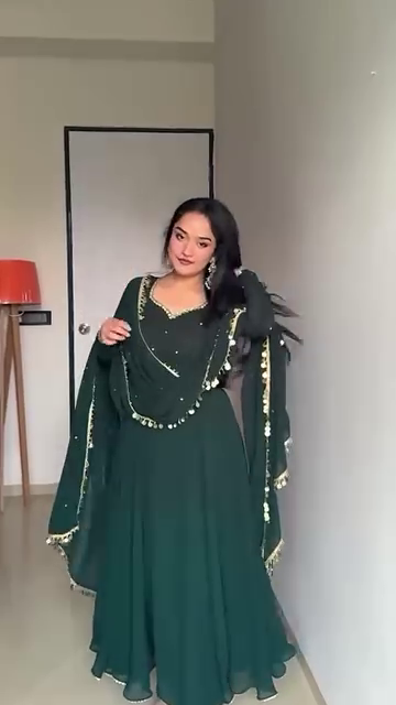 Bottle Green Georgette Anarkali Suit Set with Gota & Shell Lace Detailing