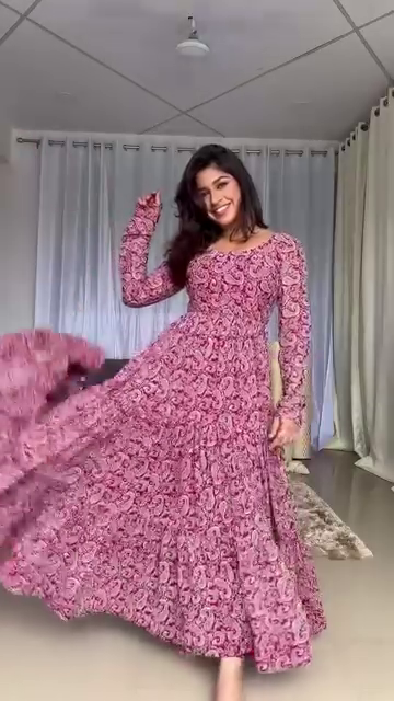 Pink Floral Printed Tiered Anarkali Kurti Set with Dupatta – Flowy Fit & Flare - Image 3