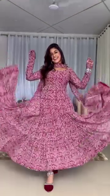 Pink Floral Printed Tiered Anarkali Kurti Set with Dupatta – Flowy Fit & Flare - Image 2
