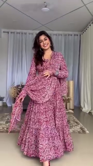 Pink Floral Printed Tiered Anarkali Kurti Set with Dupatta – Flowy Fit & Flare