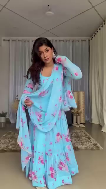 Sky Blue Floral Printed Anarkali Kurti with Dupatta – Summer Cotton Set - Image 4