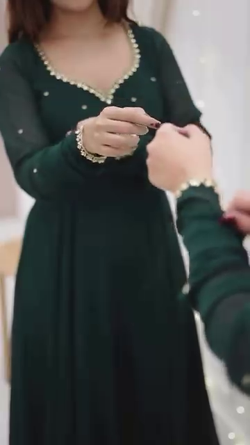 Bottle Green Anarkali Gown with Golden Border Detailing - Image 3