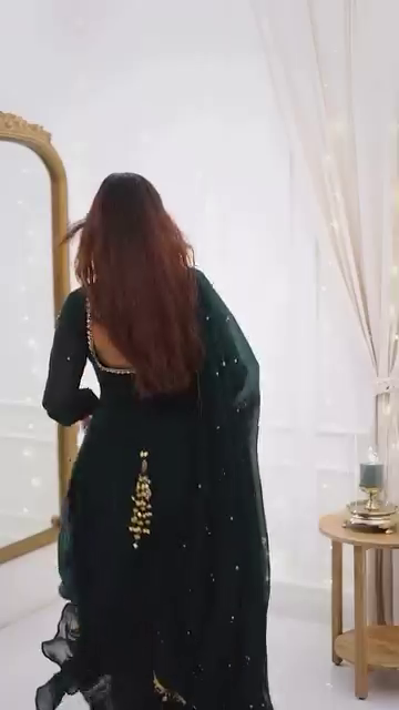 Bottle Green Anarkali Gown with Golden Border Detailing - Image 5