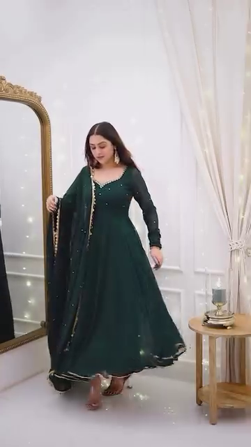 Bottle Green Anarkali Gown with Golden Border Detailing