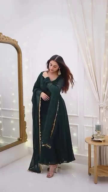 Bottle Green Anarkali Gown with Golden Border Detailing - Image 6