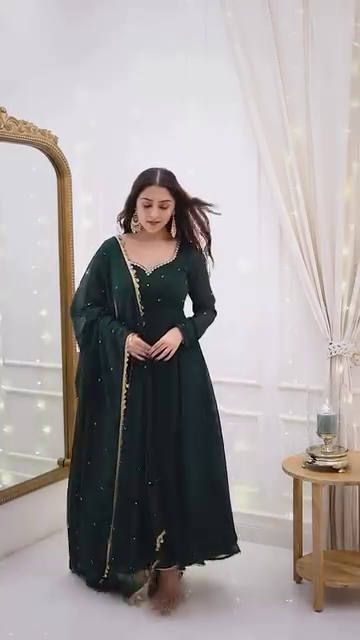 Bottle Green Anarkali Gown with Golden Border Detailing - Image 7