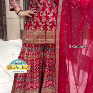 Heavy Embroidered Sharara Set ? Red, Navy Blue, Teal