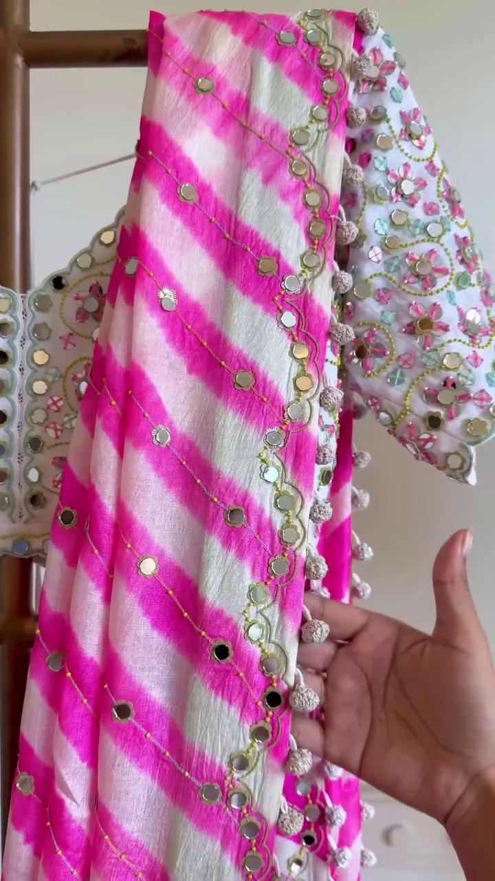 Pink Bandhani Mirror Work Lehenga Set with Embroidered Blouse - Image 4