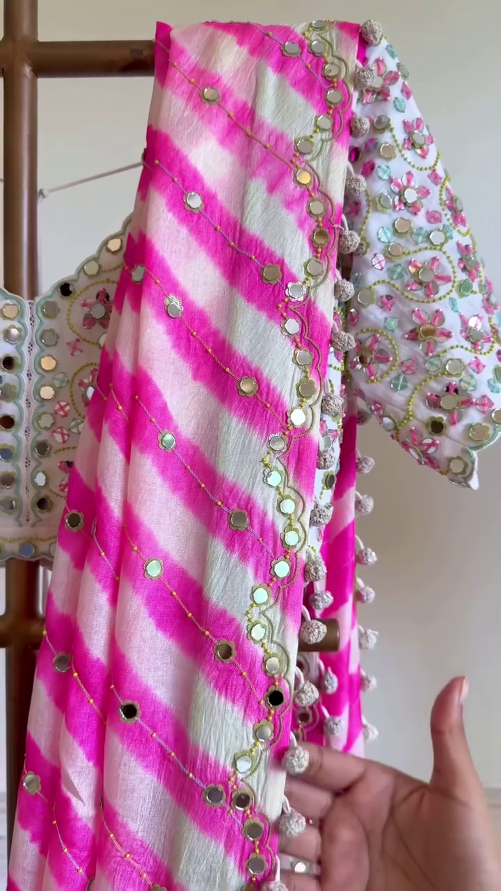Pink Bandhani Mirror Work Lehenga Set with Embroidered Blouse - Image 6
