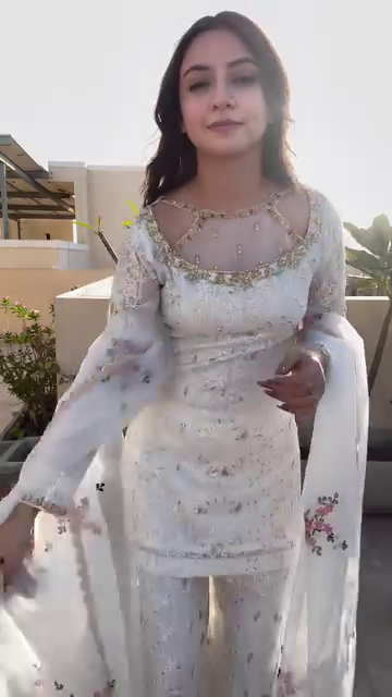 White Floral Embroidered Organza Suit Set with Palazzo and Dupatta - Image 2