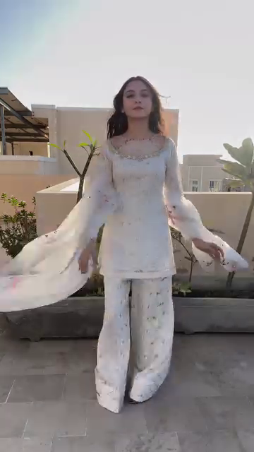 White Floral Embroidered Organza Suit Set with Palazzo and Dupatta - Image 6