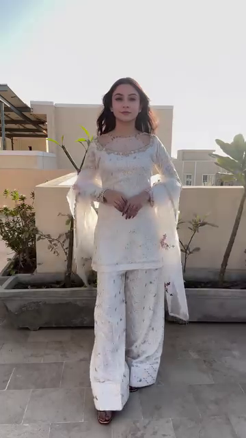 White Floral Embroidered Organza Suit Set with Palazzo and Dupatta
