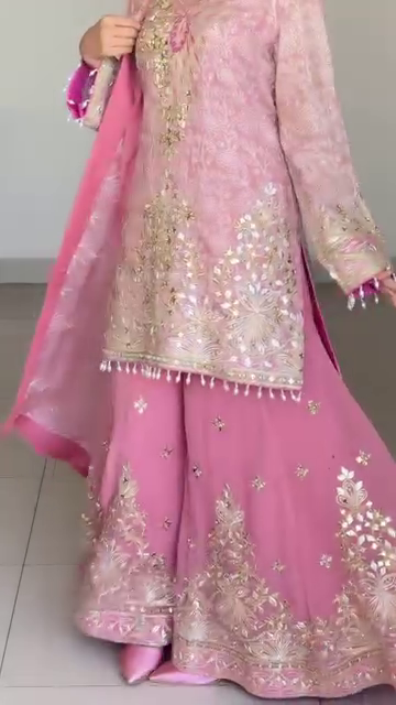 Eid Special Pink Embroidered Sharara Suit with Mirror & Zari Work - Image 3