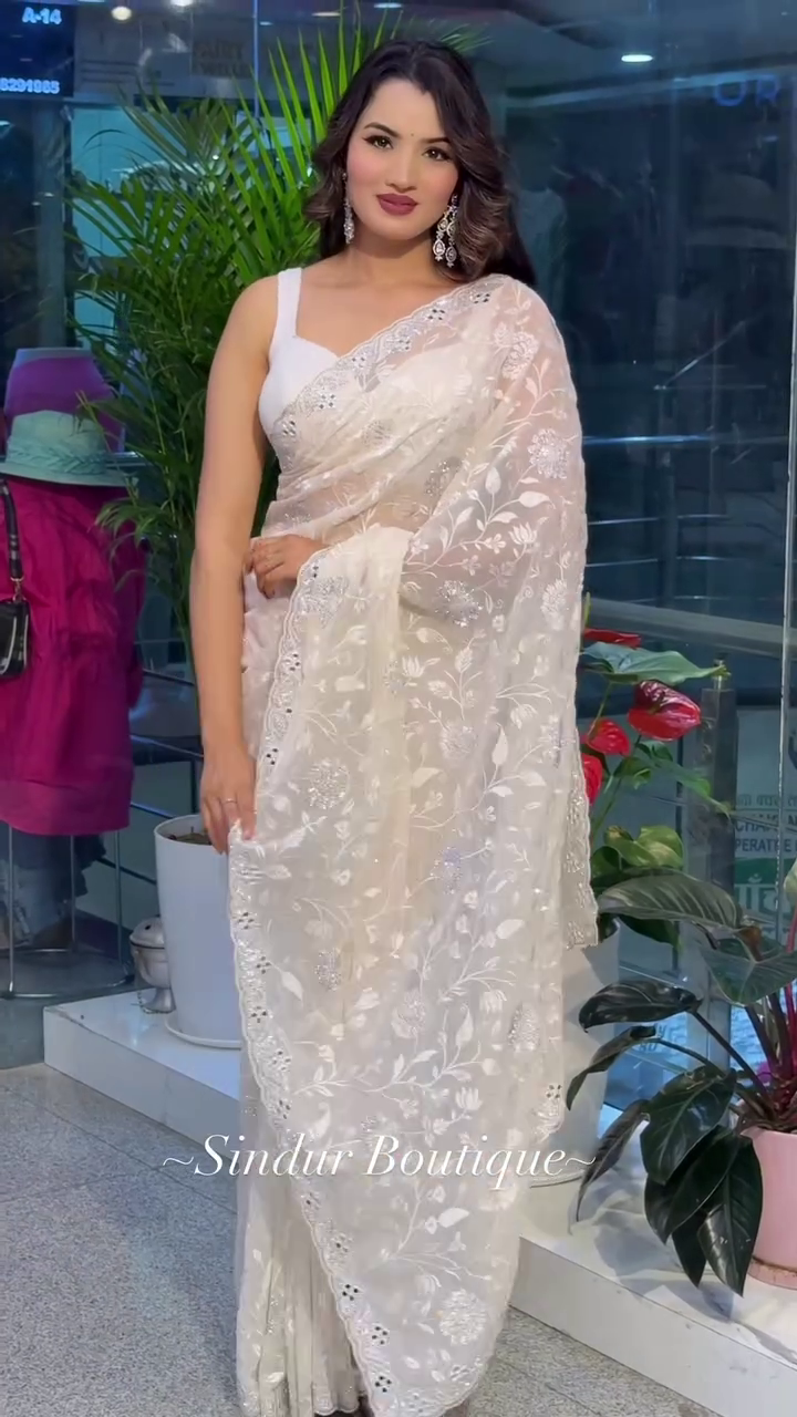 Elegant White Chikankari Embroidered Saree with Sequins Work - Image 6