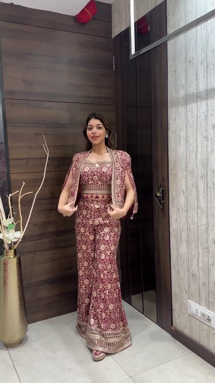 Designer Embroidered Sharara Set with Cape Jacket - Image 3