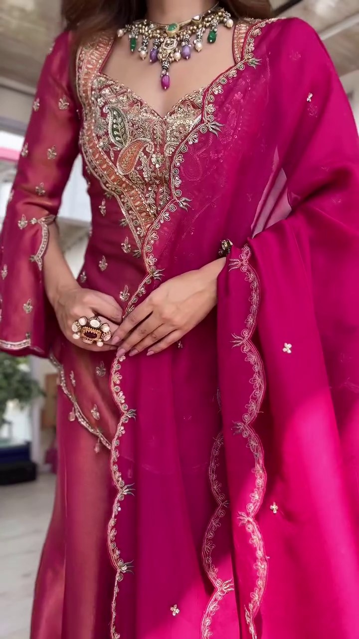 Embroidered Sharara Suit Set with Dupatta - Image 3