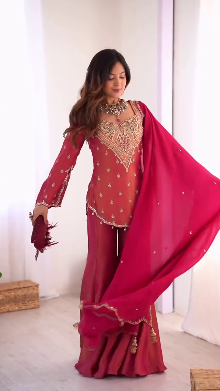 Embroidered Sharara Suit Set with Dupatta - Image 5