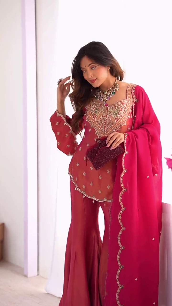 Embroidered Sharara Suit Set with Dupatta - Image 10