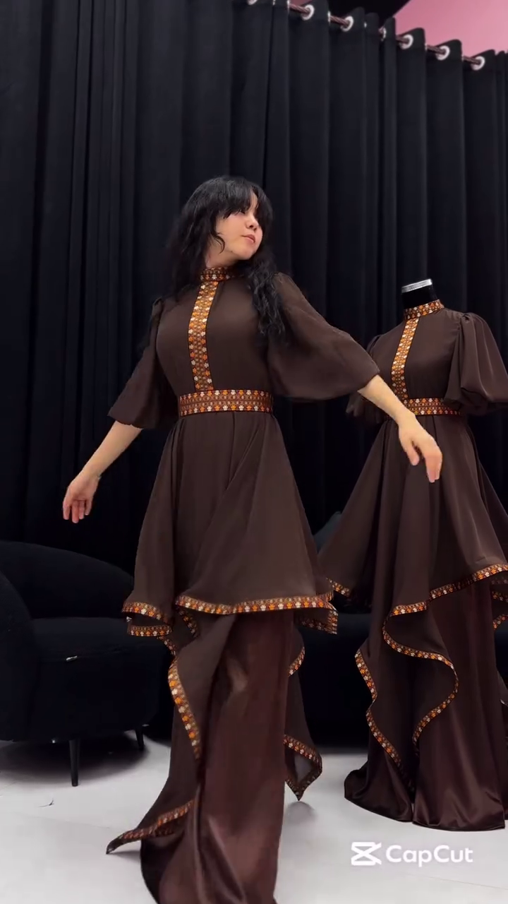 Chocolate Brown Indo-Western Flared Kurta Set - Image 2