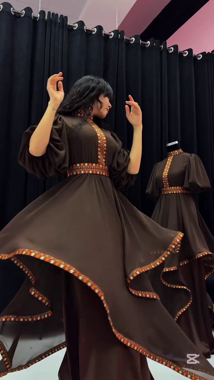 Chocolate Brown Indo-Western Flared Kurta Set - Image 4