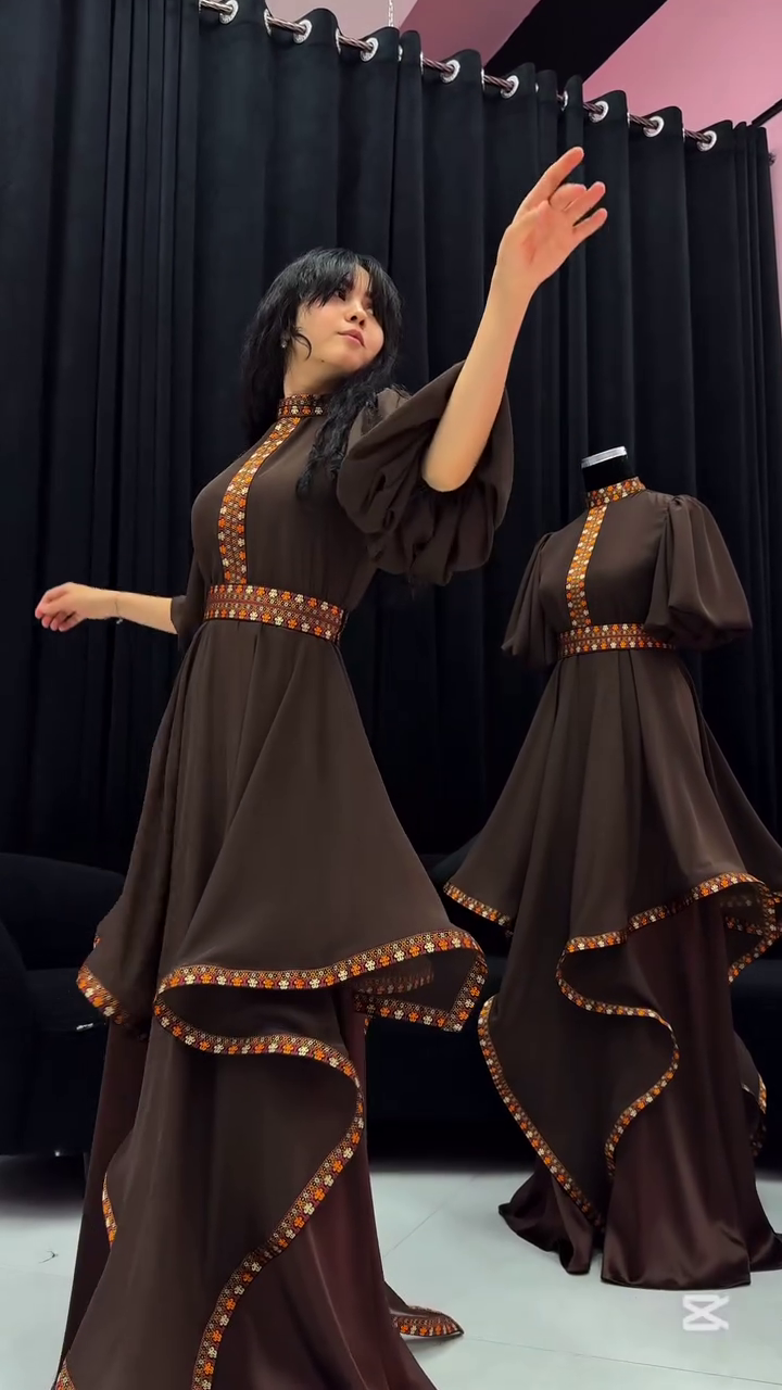 Chocolate Brown Indo-Western Flared Kurta Set - Image 5