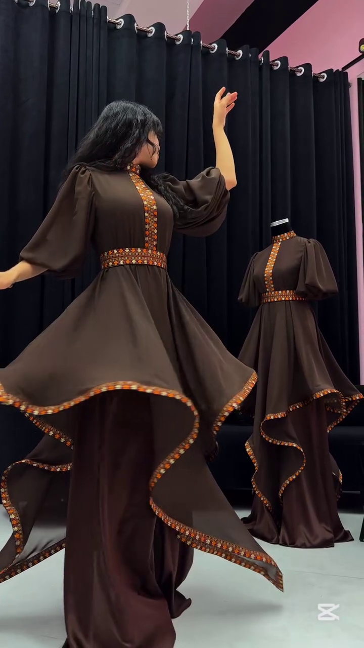 Chocolate Brown Indo-Western Flared Kurta Set - Image 7