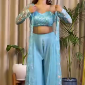 Sky Blue Embroidered Georgette Co-Ord Set with Jacket