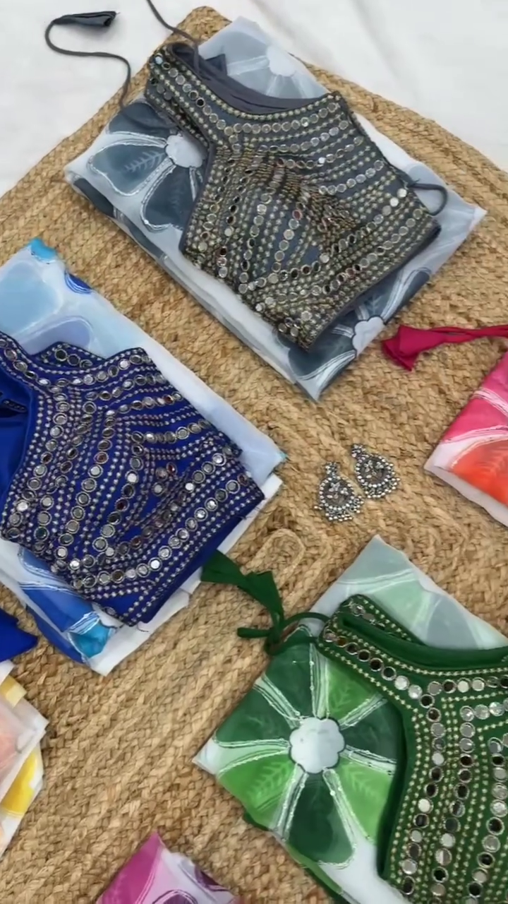 Mirror Work Designer Blouse with Printed Georgette - Image 3