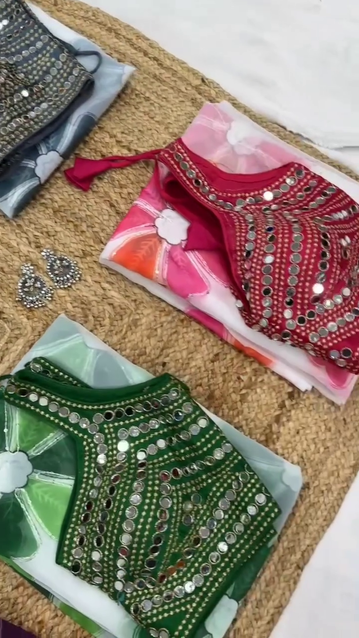 Mirror Work Designer Blouse with Printed Georgette - Image 4