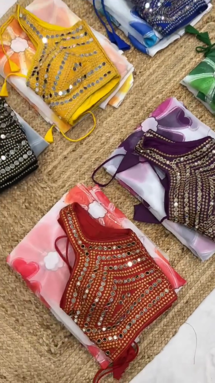 Mirror Work Designer Blouse with Printed Georgette - Image 6