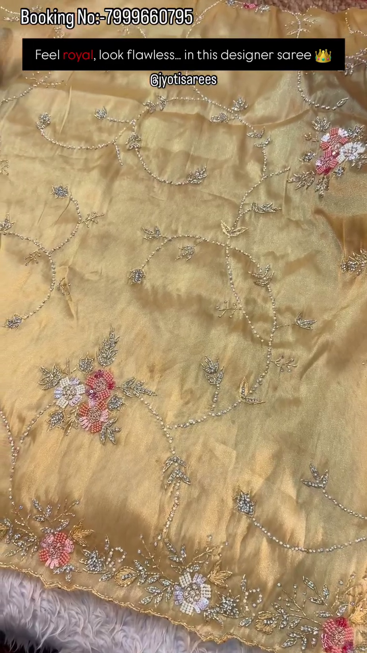 Ivory Pearl Floral Embroidered Designer Saree - Image 6