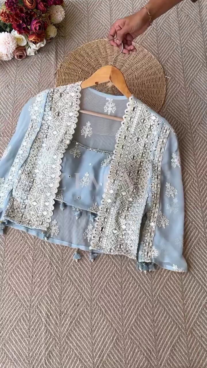 Mirror Embroidered Ethnic Co-Ord Set with Cape Jacket - Image 6