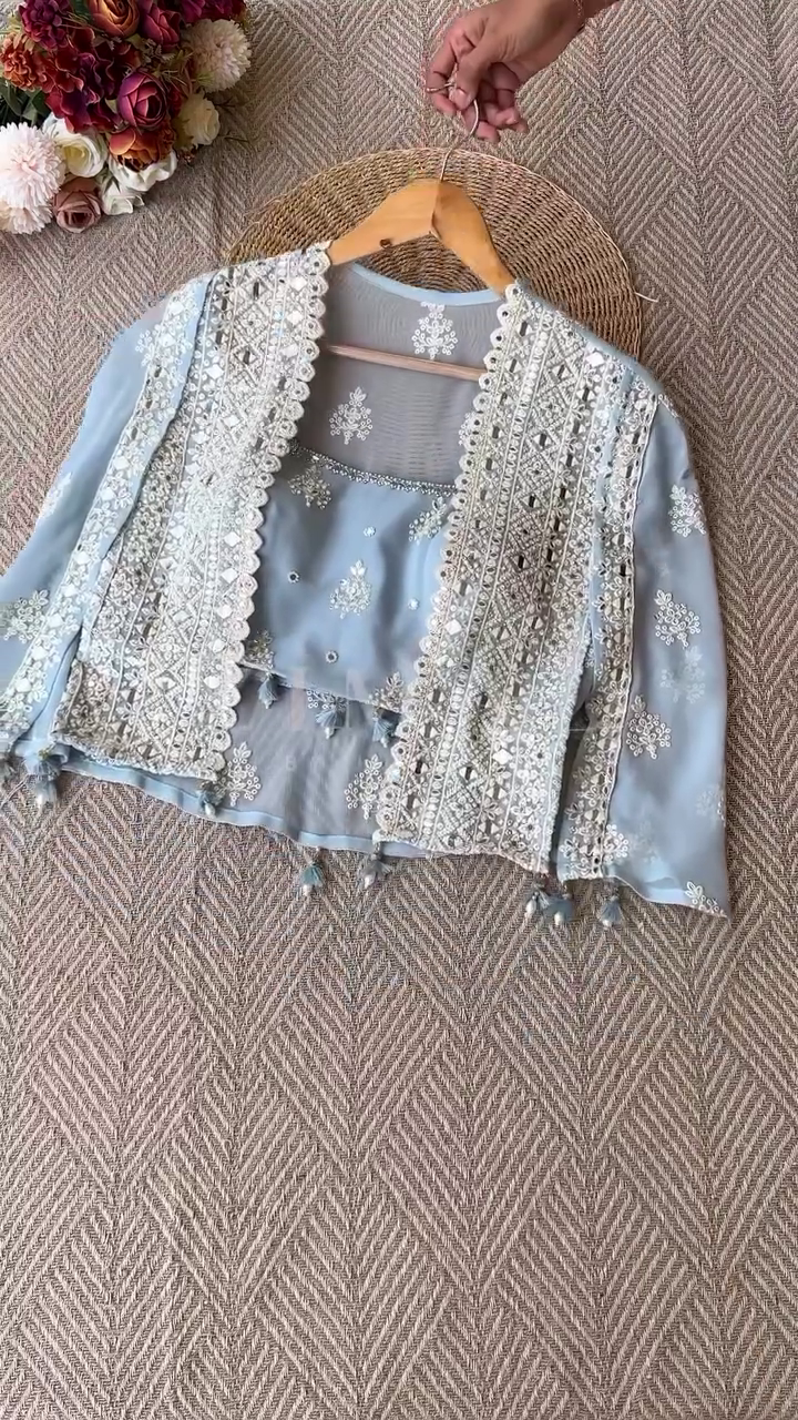 Mirror Embroidered Ethnic Co-Ord Set with Cape Jacket - Image 7