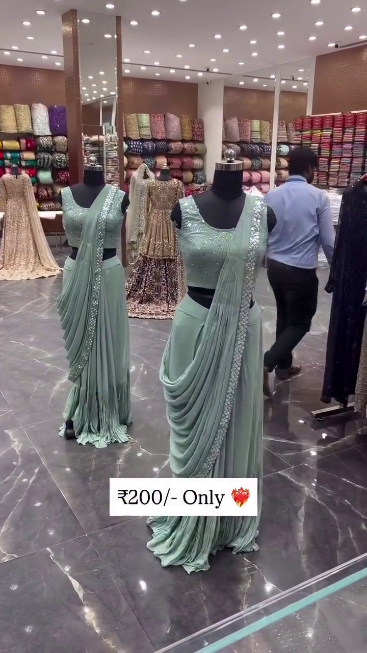 Designer Saree Style Gown with Sequin Blouse ? Mint Green - Image 2