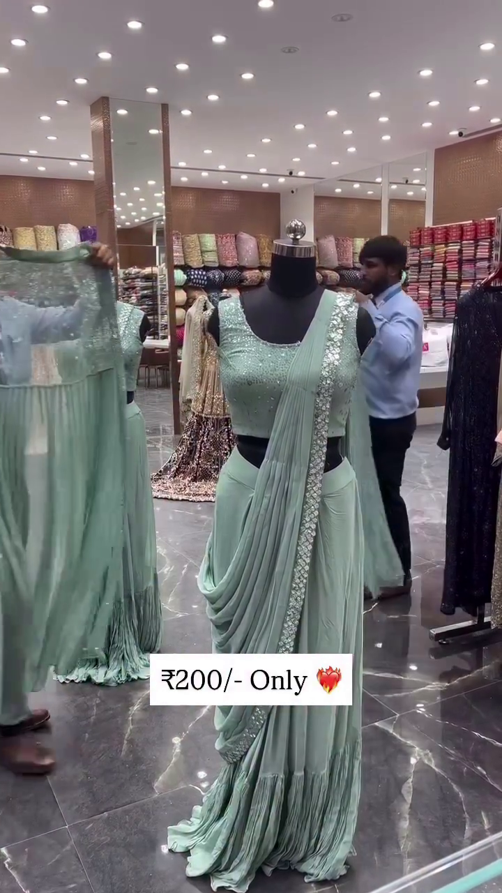 Designer Saree Style Gown with Sequin Blouse ? Mint Green