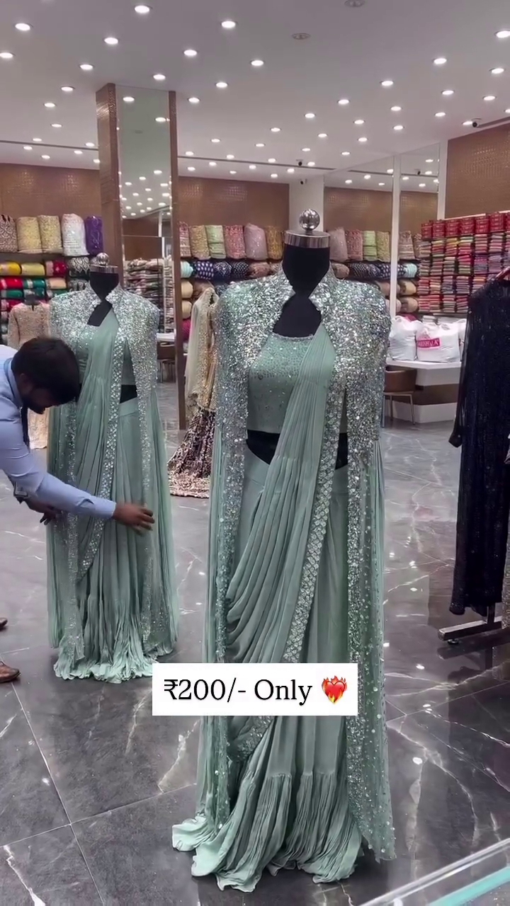 Designer Saree Style Gown with Sequin Blouse ? Mint Green - Image 3