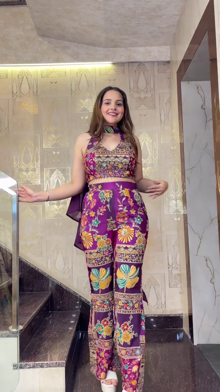 Designer Embroidered Crop Top with Palazzo Set for Women - Image 5