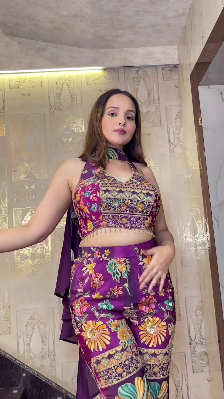 Designer Embroidered Crop Top with Palazzo Set for Women - Image 6